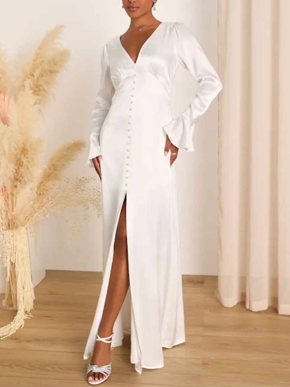Lulus Elegant Celebration White Satin Long Sleeve Slip Maxi Dress